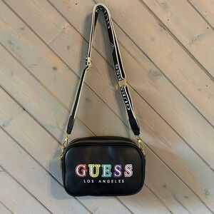 Guess Los Angeles Black Rainbow Logo Crossbody Camera Bag Gold Hardware
